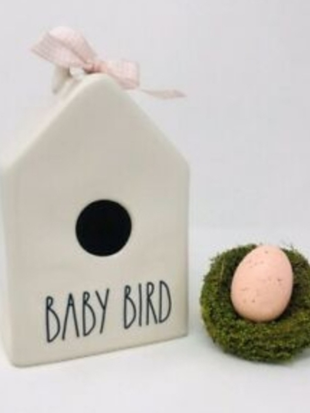 Rae Dunn Ceramic 'Baby Bird' House in White with Pink Bow